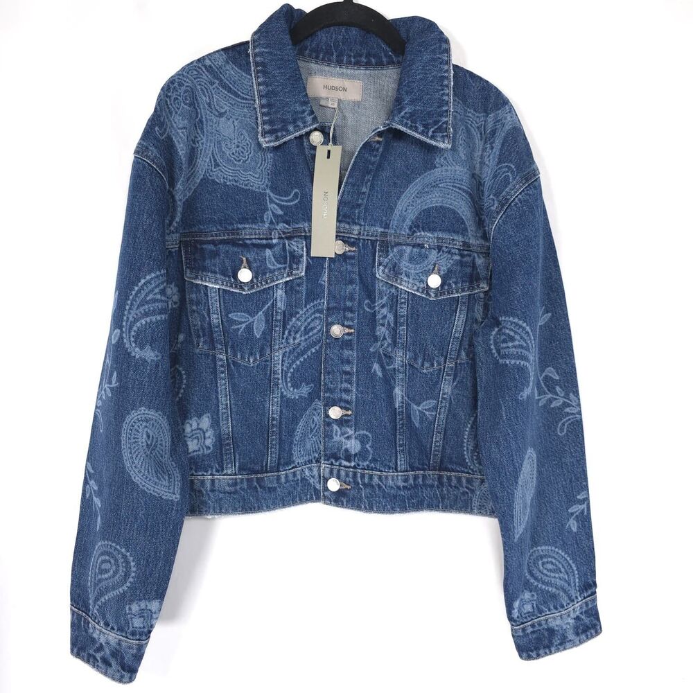 HUDSON Women’s New XS Trucker Jacket Brea Swing Blue Laser Paisley Denim Jean